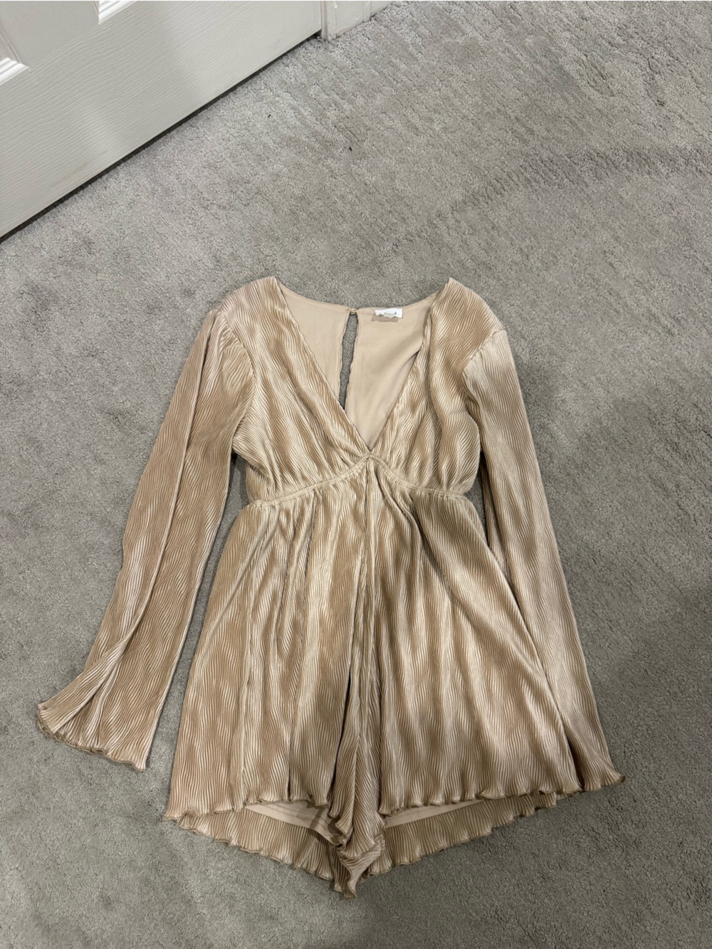 Le Lis Pleated Long-Sleeve Neutral Romper in Tan